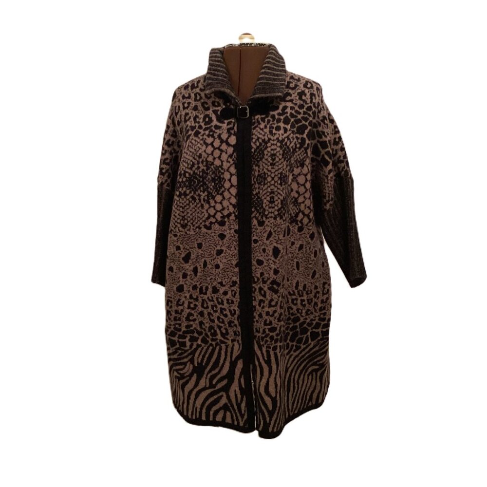 Animal Print Wool Blend Hip Length Knit Cardigan with Buckle Closure